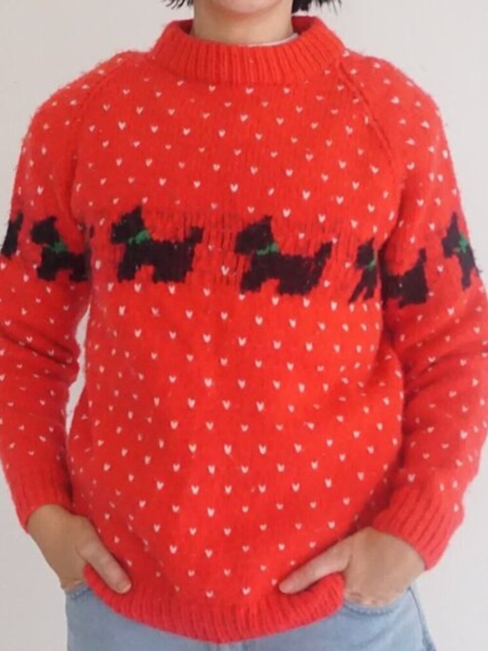 Handmade Red Knit with Black Scottish Terrier 100% Wool Mock Neck Sweater M